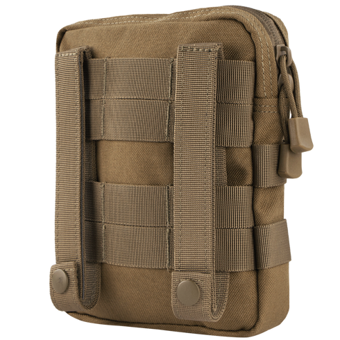 The Condor G.P. Pouch is a khaki tactical pouch with MOLLE webbing, snap-button straps on the back, and a zippered main compartment.