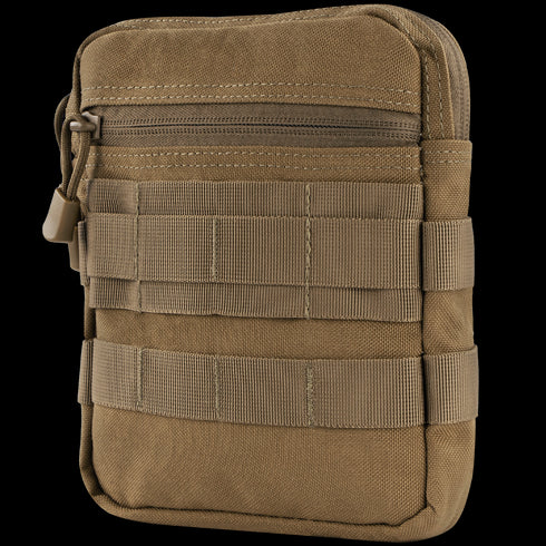 The Condor G.P. Pouch is a tan, rectangular tactical pouch with a zipper closure and multiple front webbing straps—ideal for EDC or organizing shooting range gear.