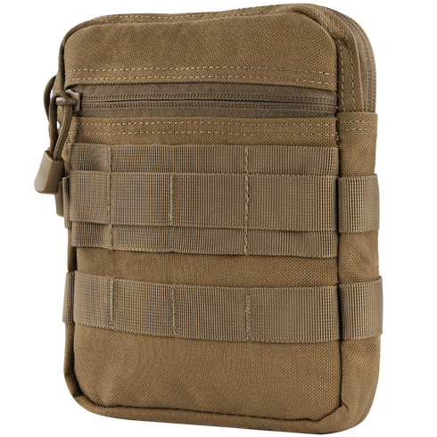 The Condor G.P. Pouch is a tan, rectangular tactical pouch with a zipper closure and multiple front webbing straps—ideal for EDC or organizing shooting range gear.