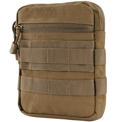 The Condor G.P. Pouch is a tan, rectangular tactical pouch with a zipper closure and multiple front webbing straps—ideal for EDC or organizing shooting range gear.