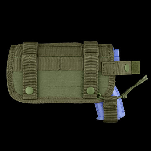 The Condor HT Holster, made of olive green tactical nylon with snap closures, is shown with a blue training pistol partially inserted.