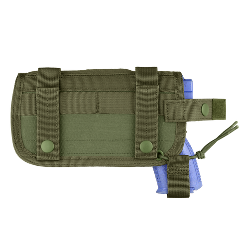 The Condor HT Holster, made of olive green tactical nylon with snap closures, is shown with a blue training pistol partially inserted.