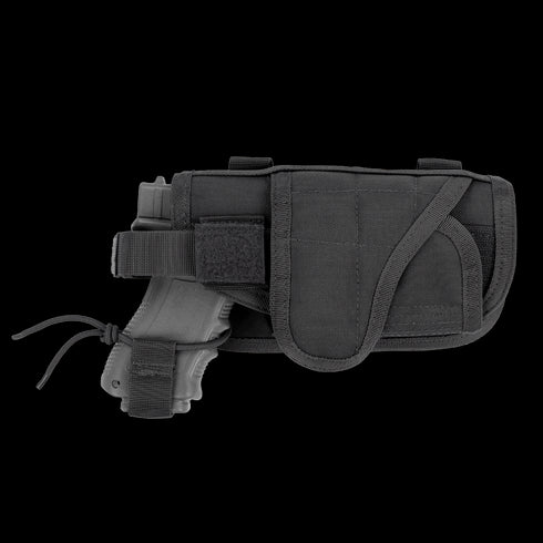The Condor HT Holster in black, featuring a secured strap and holding a mock firearm, is shown on a plain white background.