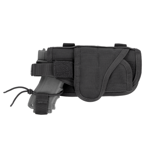 The Condor HT Holster in black, featuring a secured strap and holding a mock firearm, is shown on a plain white background.