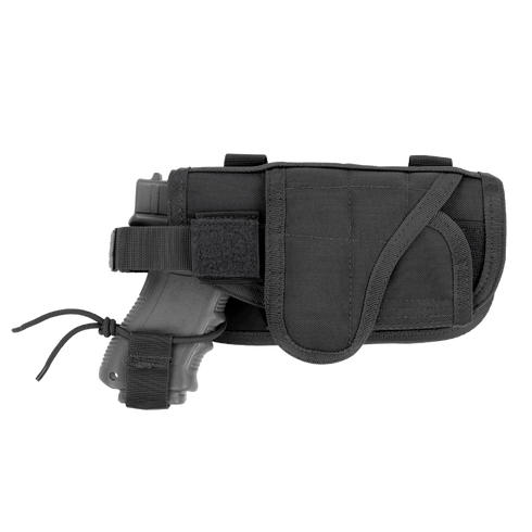 The Condor HT Holster in black, featuring a secured strap and holding a mock firearm, is shown on a plain white background.