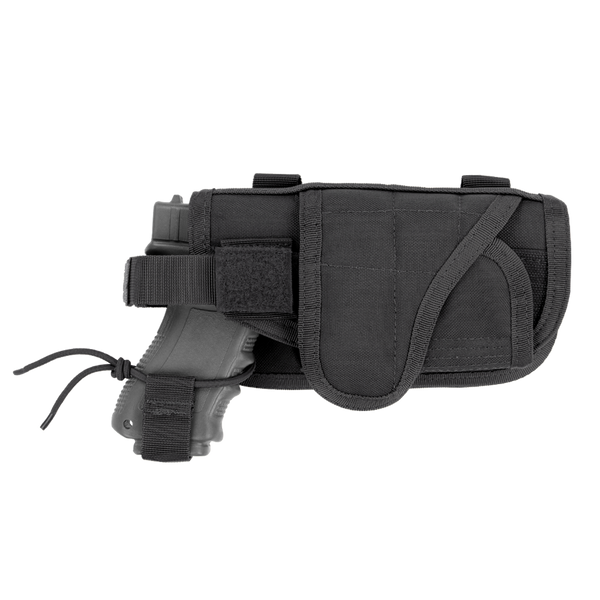 The Condor HT Holster in black, featuring a secured strap and holding a mock firearm, is shown on a plain white background.