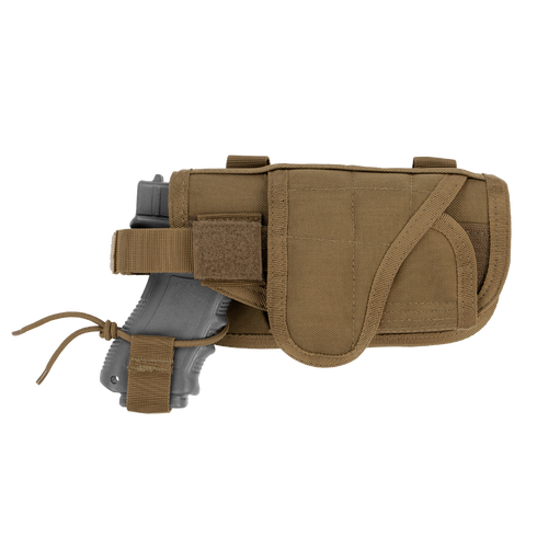 The Condor HT Holster, made of tan tactical fabric, securely holds a grey training pistol with a strap and cord, shown on a white background.