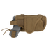 The Condor HT Holster, made of tan tactical fabric, securely holds a grey training pistol with a strap and cord, shown on a white background.
