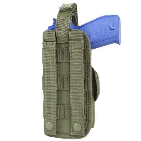 The Condor VT Holster - Scorpion OCP features MOLLE webbing, ideal for military use or EDC, and securely holds a blue training pistol.
