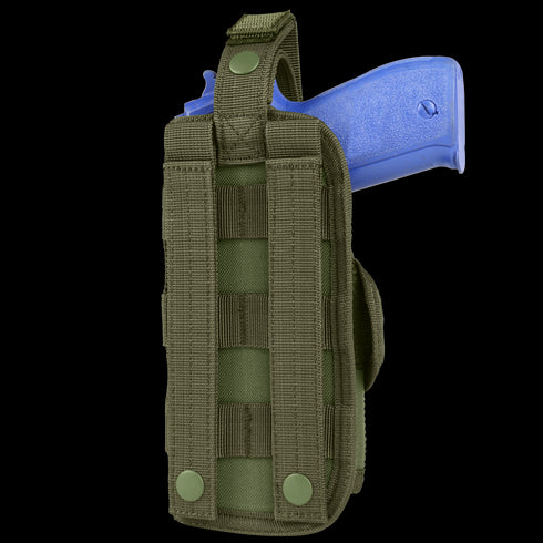 The Condor VT Holster in green, featuring MOLLE webbing and snap-button straps, securely holds a blue training pistol. The back view highlights the holster’s tactical design and attachment points.