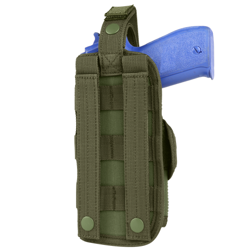 The Condor VT Holster in green, featuring MOLLE webbing and snap-button straps, securely holds a blue training pistol. The back view highlights the holster’s tactical design and attachment points.