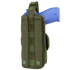 The Condor VT Holster in green, featuring MOLLE webbing and snap-button straps, securely holds a blue training pistol. The back view highlights the holster’s tactical design and attachment points.