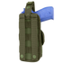 The Condor VT Holster in green, featuring MOLLE webbing and snap-button straps, securely holds a blue training pistol. The back view highlights the holster’s tactical design and attachment points.