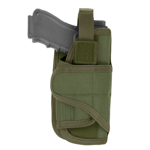 The Condor VT Holster holds a black handgun, partially inserted in green fabric with a Velcro strap and secure stitching—ideal for law enforcement or shooting range use.