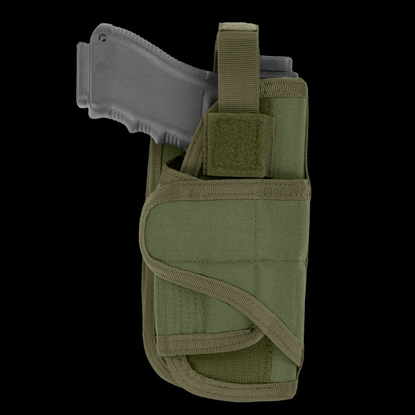 The Condor VT Holster holds a black handgun, partially inserted in green fabric with a Velcro strap and secure stitchingāideal for law enforcement or shooting range use.