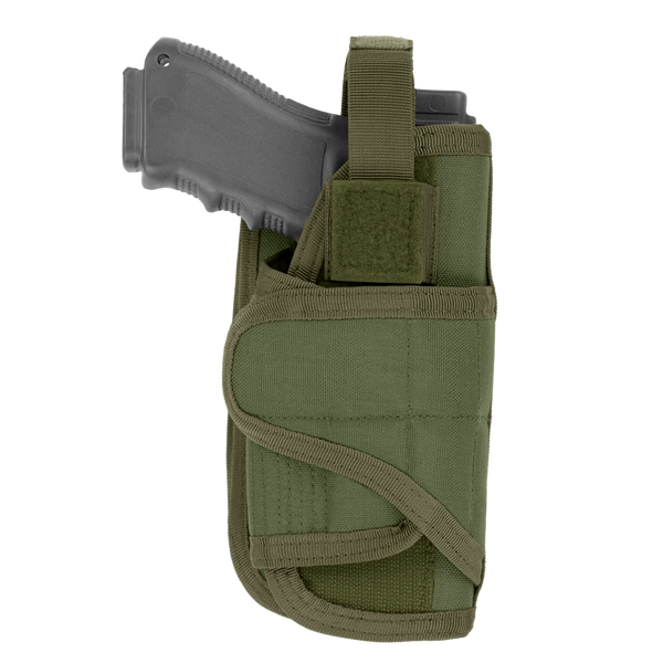 The Condor VT Holster holds a black handgun, partially inserted in green fabric with a Velcro strap and secure stitching—ideal for law enforcement or shooting range use.