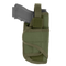 The Condor VT Holster holds a black handgun, partially inserted in green fabric with a Velcro strap and secure stitching—ideal for law enforcement or shooting range use.
