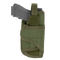 The Condor VT Holster holds a black handgun, partially inserted in green fabric with a Velcro strap and secure stitching—ideal for law enforcement or shooting range use.