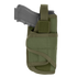 The Condor VT Holster holds a black handgun, partially inserted in green fabric with a Velcro strap and secure stitching—ideal for law enforcement or shooting range use.