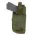The Condor VT Holster holds a black handgun, partially inserted in green fabric with a Velcro strap and secure stitching—ideal for law enforcement or shooting range use.