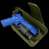 A blue training pistol with a flashlight is placed inside an open green Condor VT Holster.
