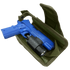 A blue training pistol with a flashlight is placed inside an open green Condor VT Holster.