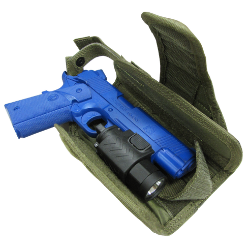 The Condor VT Holster - Scorpion OCP holds a blue training pistol with flashlight, making it ideal for law enforcement or shooting range use.