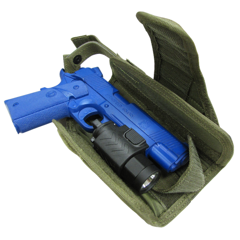 The Condor VT Holster - Scorpion OCP holds a blue training pistol with flashlight, making it ideal for law enforcement or shooting range use.