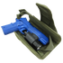 The Condor VT Holster - Scorpion OCP holds a blue training pistol with flashlight, making it ideal for law enforcement or shooting range use.