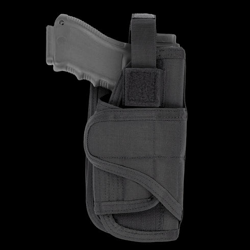 The Condor VT Holster partially holds a black handgun, ideal for military or first responders, featuring a Velcro strap and black fabric design, displayed against a white background.