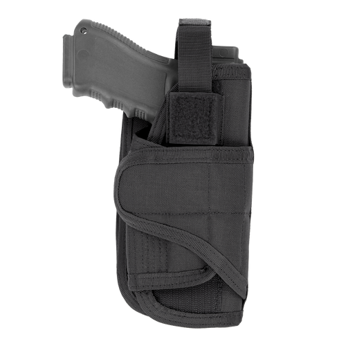 The Condor VT Holster partially holds a black handgun, ideal for military or first responders, featuring a Velcro strap and black fabric design, displayed against a white background.