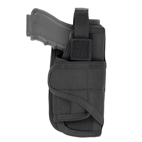 The Condor VT Holster partially holds a black handgun, ideal for military or first responders, featuring a Velcro strap and black fabric design, displayed against a white background.