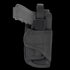 The Condor VT Holster partially holds a black handgun, ideal for military or first responders, featuring a Velcro strap and black fabric design, displayed against a white background.