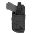 The Condor VT Holster partially holds a black handgun, ideal for military or first responders, featuring a Velcro strap and black fabric design, displayed against a white background.