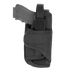 The Condor VT Holster partially holds a black handgun, ideal for military or first responders, featuring a Velcro strap and black fabric design, displayed against a white background.