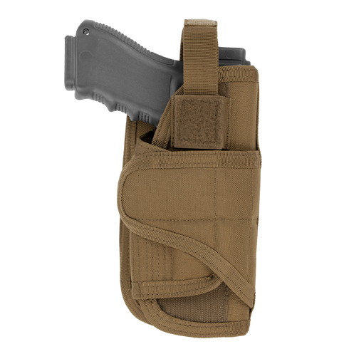 The Condor VT Holster is a black handgun holster made of brown tactical fabric with a strap and Velcro closure, ideal for law enforcement or shooting range use.