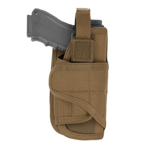 The Condor VT Holster is a black handgun holster made of brown tactical fabric with a strap and Velcro closure, ideal for law enforcement or shooting range use.