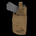 The Condor VT Holster is a black handgun holster made of brown tactical fabric with a strap and Velcro closure, ideal for law enforcement or shooting range use.