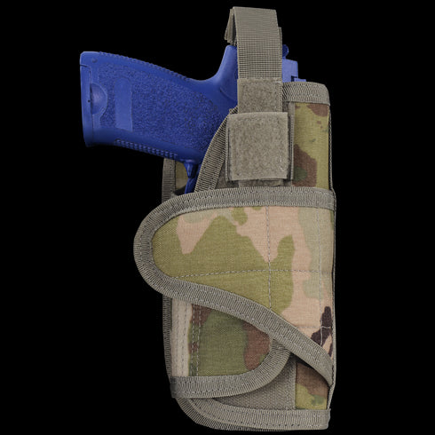 A blue training pistol in a Condor VT Holster - Scorpion OCP, featuring a camouflage pattern and Velcro strap.
