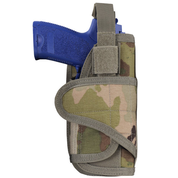 A blue training pistol in a Condor VT Holster - Scorpion OCP, featuring a camouflage pattern and Velcro strap.