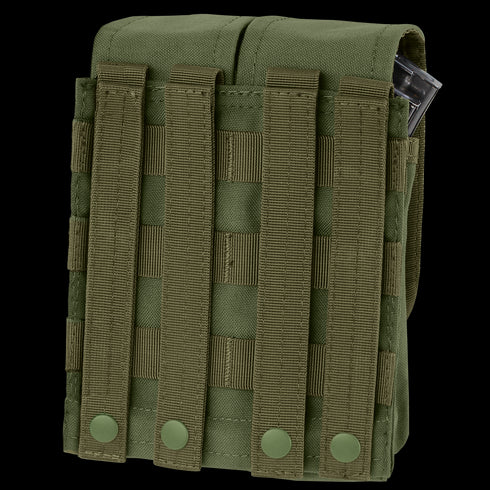 The Condor Double AK/AR Mag Pouch, in green, features MOLLE webbing and snap-button straps, with a magazine partially visible in the upper right corner.