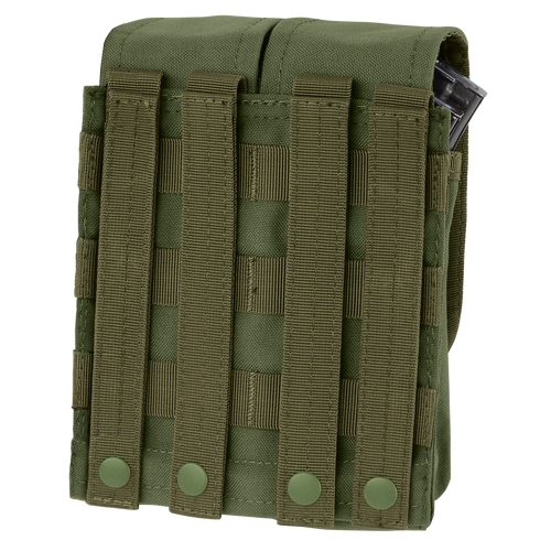 The Condor Double AK/AR Mag Pouch, in green, features MOLLE webbing and snap-button straps, with a magazine partially visible in the upper right corner.