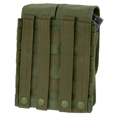 The Condor Double AK/AR Mag Pouch, in green, features MOLLE webbing and snap-button straps, with a magazine partially visible in the upper right corner.