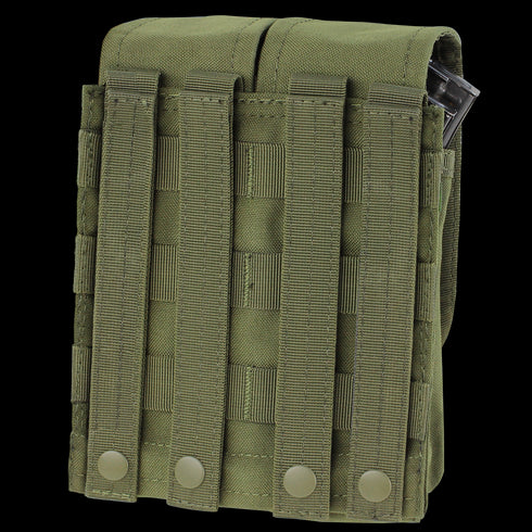 Condor Double AK/AR Mag Pouch - Scorpion OCP, featuring MOLLE webbing and snap-button straps, holds magazines securely; olive green design shown with a metal object partially visible at the top right corner.