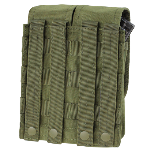 Condor Double AK/AR Mag Pouch - Scorpion OCP, featuring MOLLE webbing and snap-button straps, holds magazines securely; olive green design shown with a metal object partially visible at the top right corner.