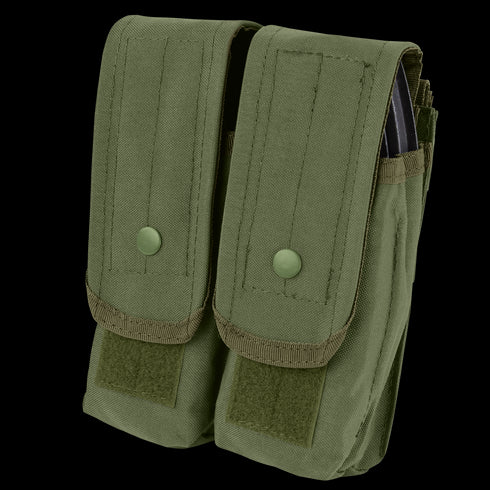 The Condor Double AK/AR Mag Pouch in Olive Drab features two flap closures with snap buttons and hook-and-loop fasteners, designed for carrying and protecting magazines.