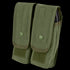 The Condor Double AK/AR Mag Pouch in Olive Drab features two flap closures with snap buttons and hook-and-loop fasteners, designed for carrying and protecting magazines.