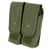 The Condor Double AK/AR Mag Pouch in Olive Drab features two flap closures with snap buttons and hook-and-loop fasteners, designed for carrying and protecting magazines.