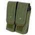 The Condor Double AK/AR Mag Pouch in Olive Drab features two flap closures with snap buttons and hook-and-loop fasteners, designed for carrying and protecting magazines.