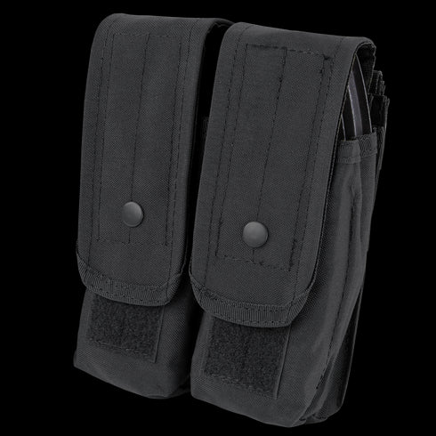 The Condor Double AK/AR Mag Pouch is a black dual-compartment magazine pouch featuring snap-button closures and Velcro straps, made from durable fabric.